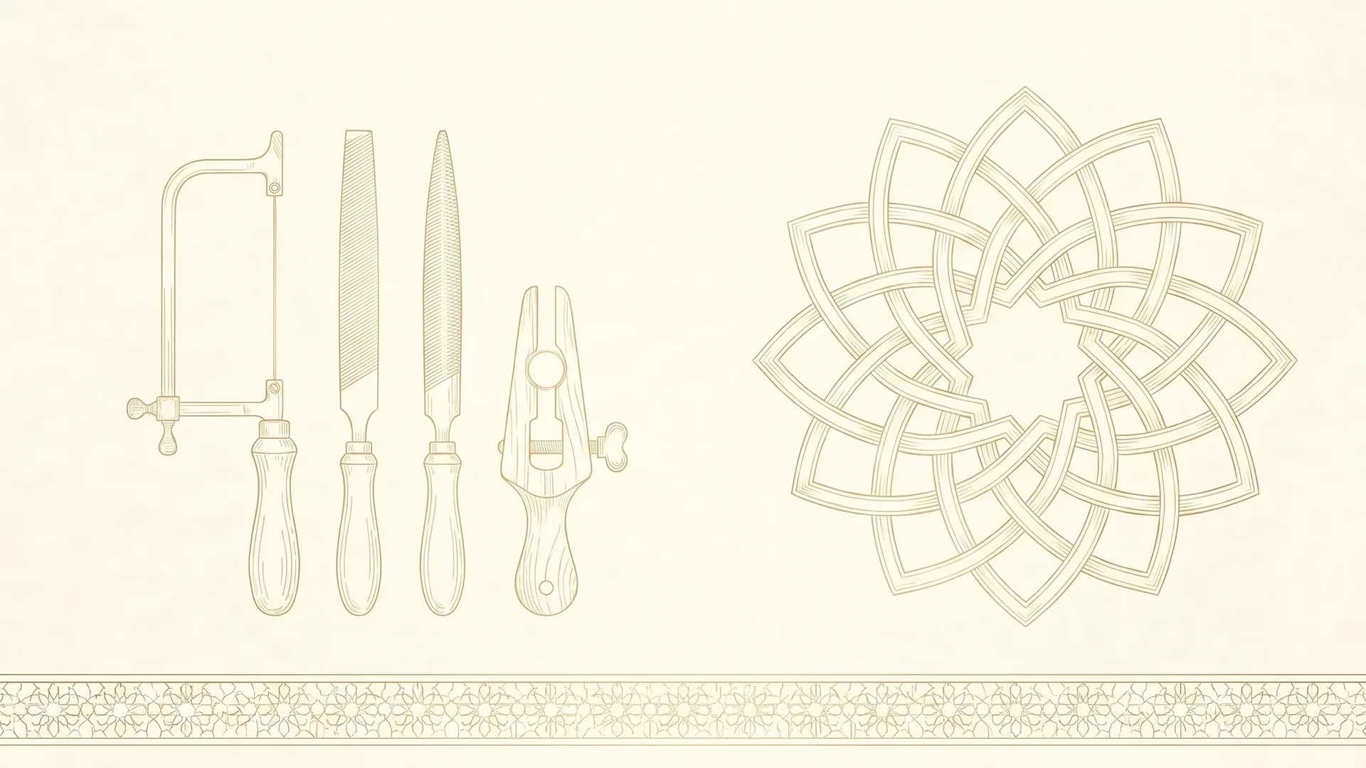 A goldsmith's bench tools drawn in fine gold line: a piercing saw frame, two hand files and a ring clamp