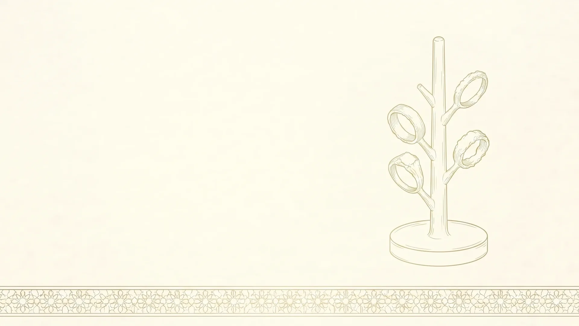 A jeweller's casting tree drawn in fine gold line: unfinished wax ring patterns attached by sprues to a central stem
