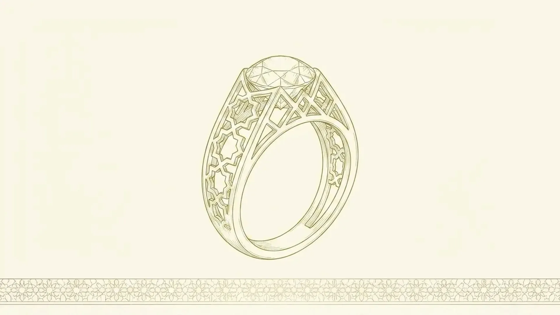 A ring drawn in fine gold line and shown in three-quarter view, its shank rising into an open geometric lattice that holds the stone within the form rather than above it