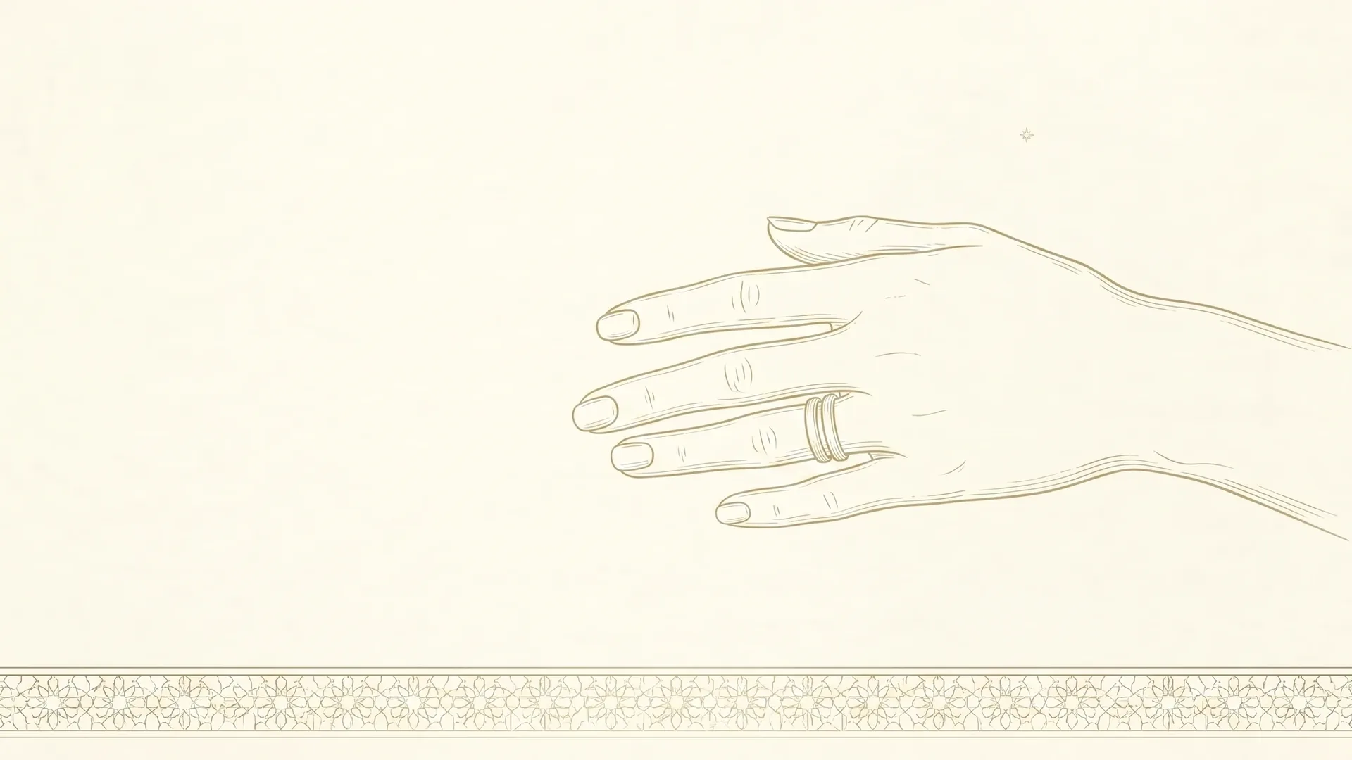 A hand drawn in fine gold line, wearing two slim plain bands together on the ring finger
