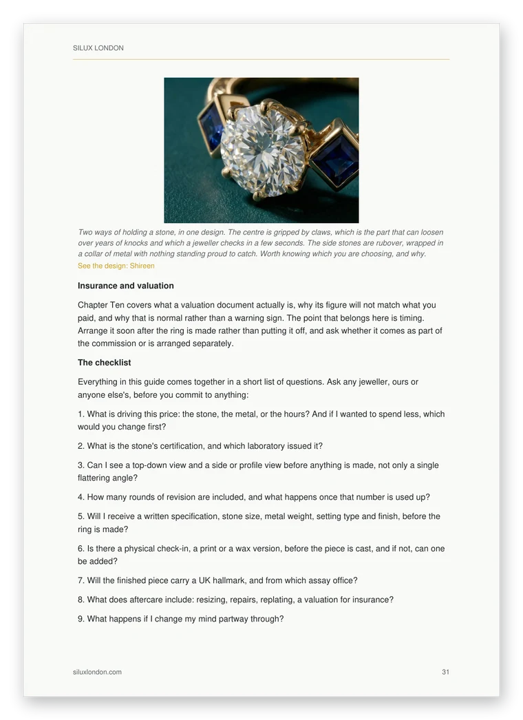 The final chapter, listing the questions to ask a jeweller before paying
