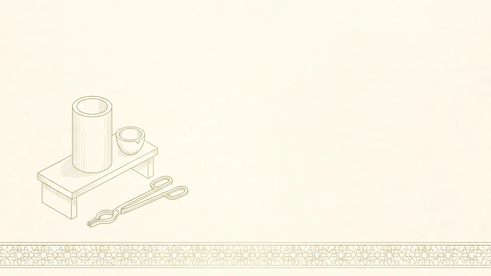 Lost-wax casting equipment drawn in fine gold line: a cylindrical steel flask, a crucible and a pair of tongs