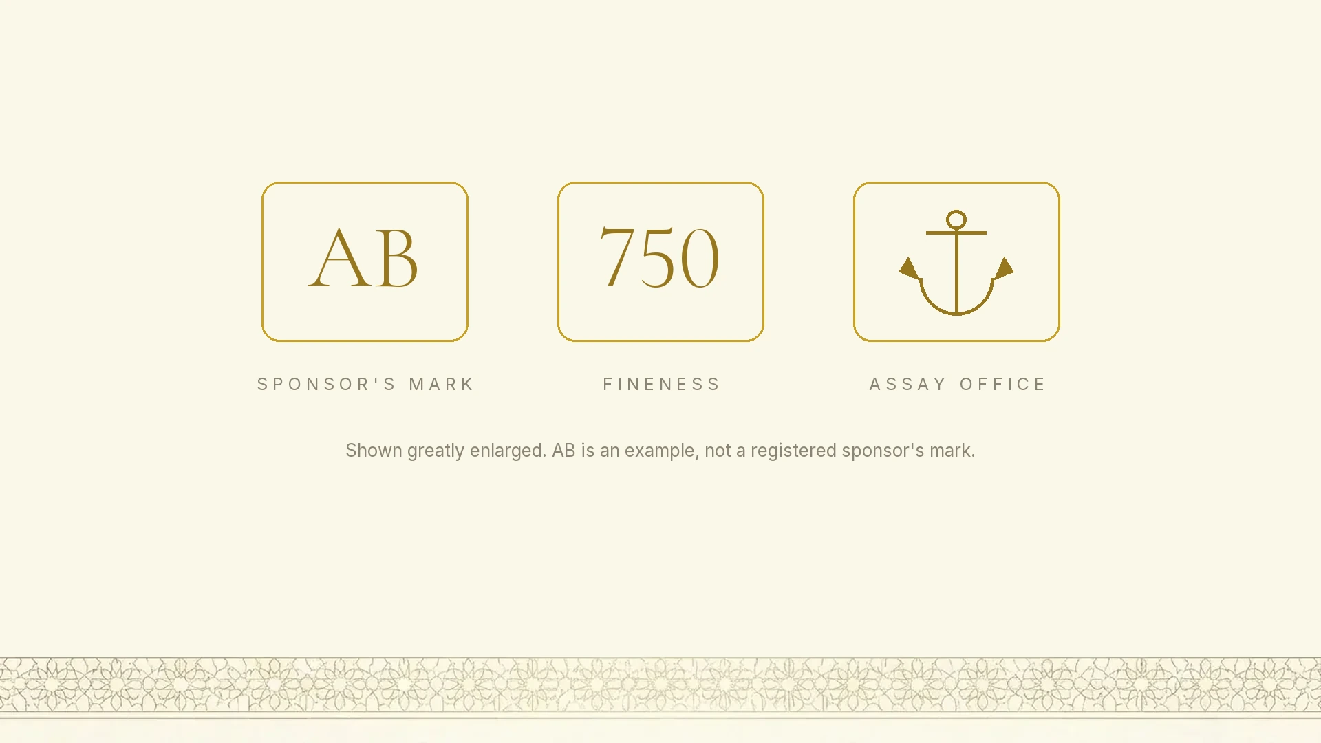 The three compulsory parts of a UK hallmark drawn side by side and greatly enlarged: a sponsor's mark, a fineness number and an assay office symbol