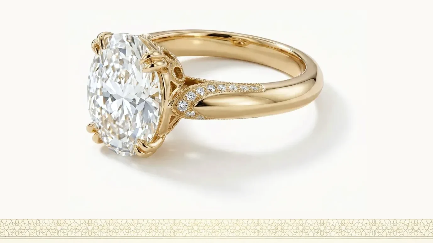 A gold solitaire ring set with an oval stone, photographed on a plain ground