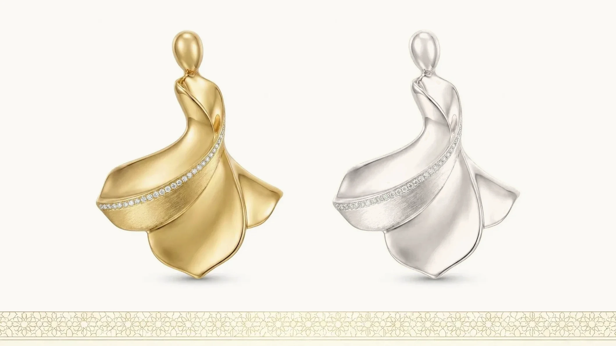 One pendant design shown in yellow gold and in white gold at the same scale