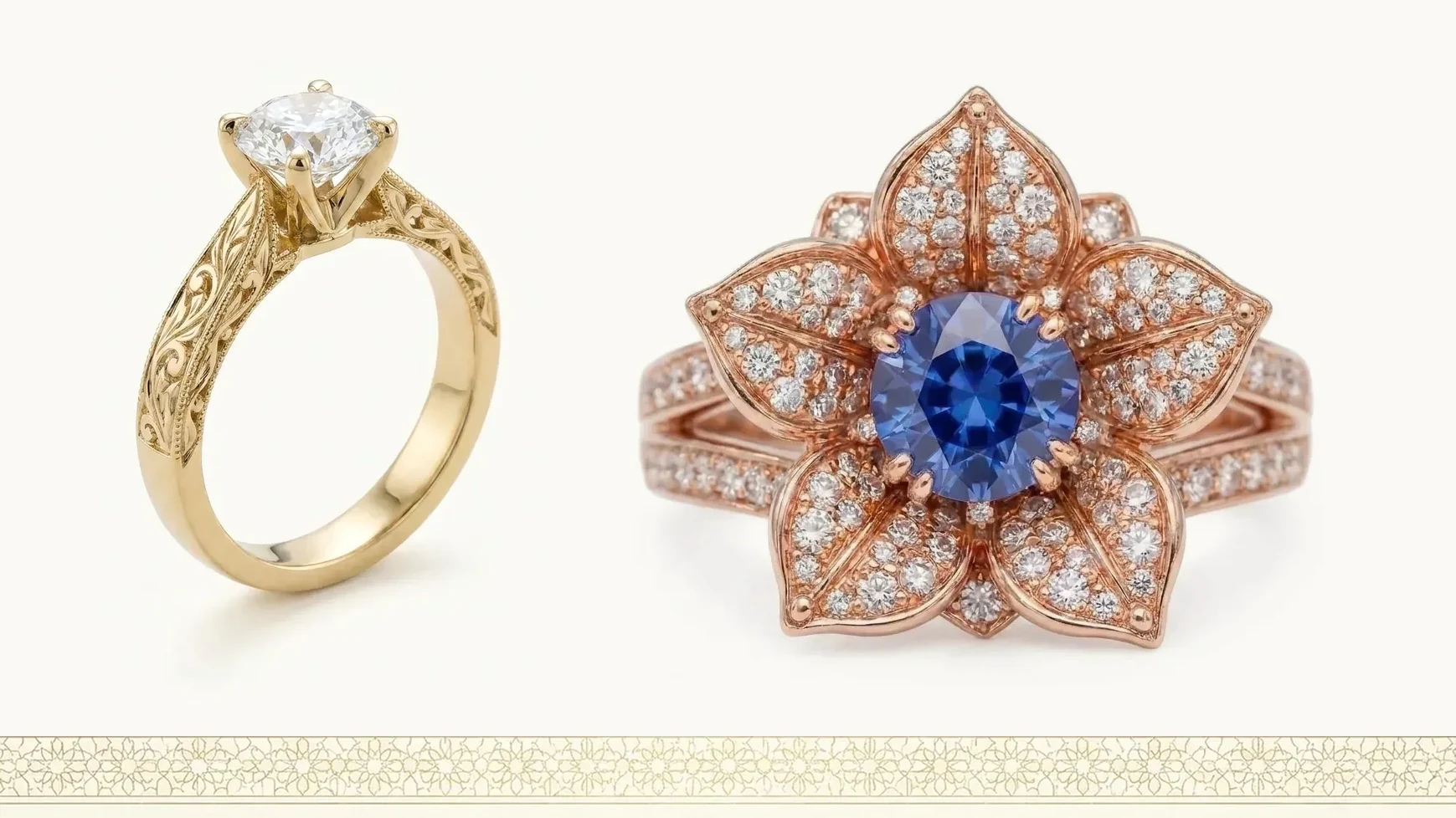 Two gold rings side by side at the same scale, a plain solitaire and an elaborately pave-set floral ring