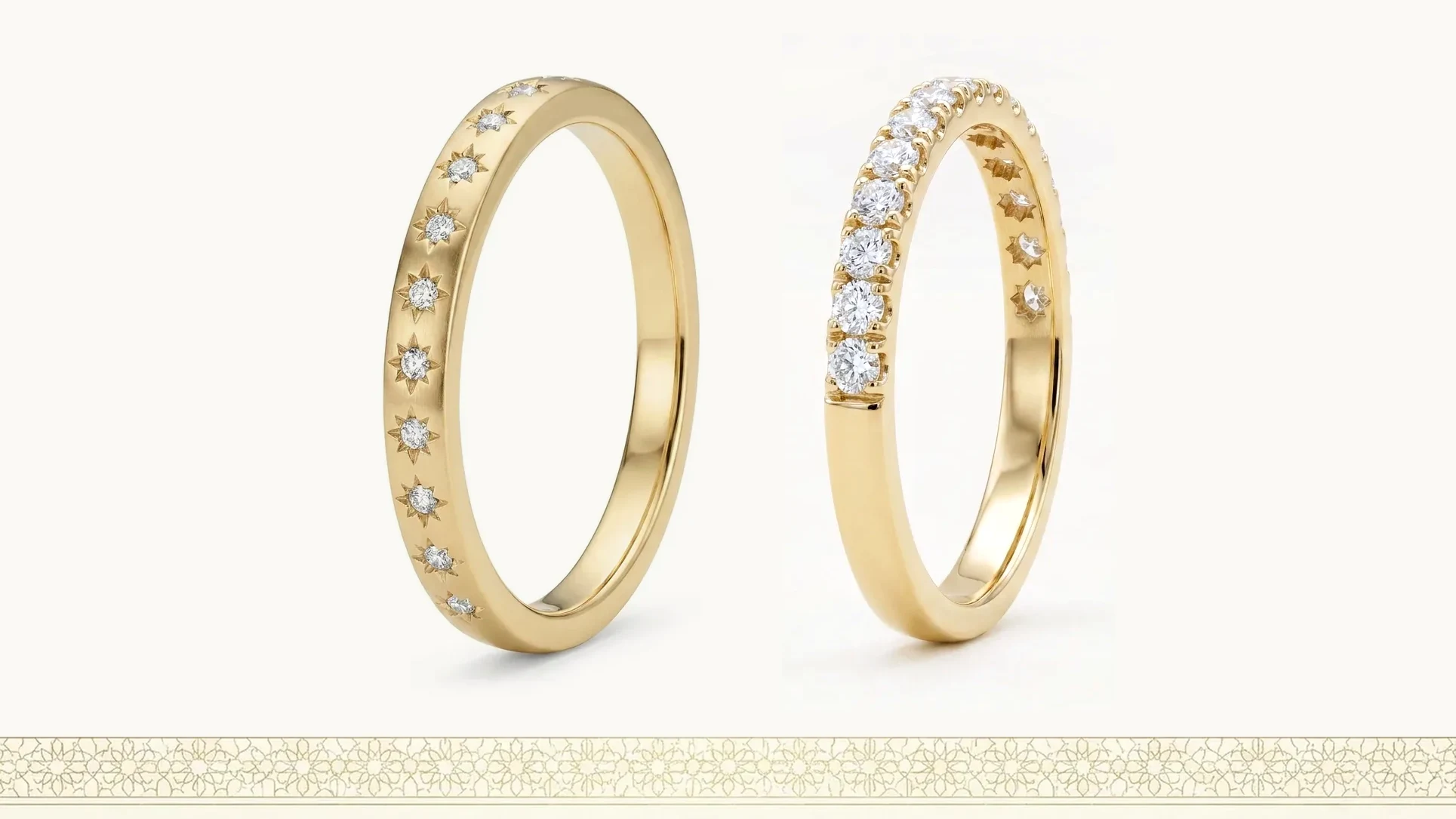Two gold bands side by side showing where a line of set stones stops and plain polished metal continues