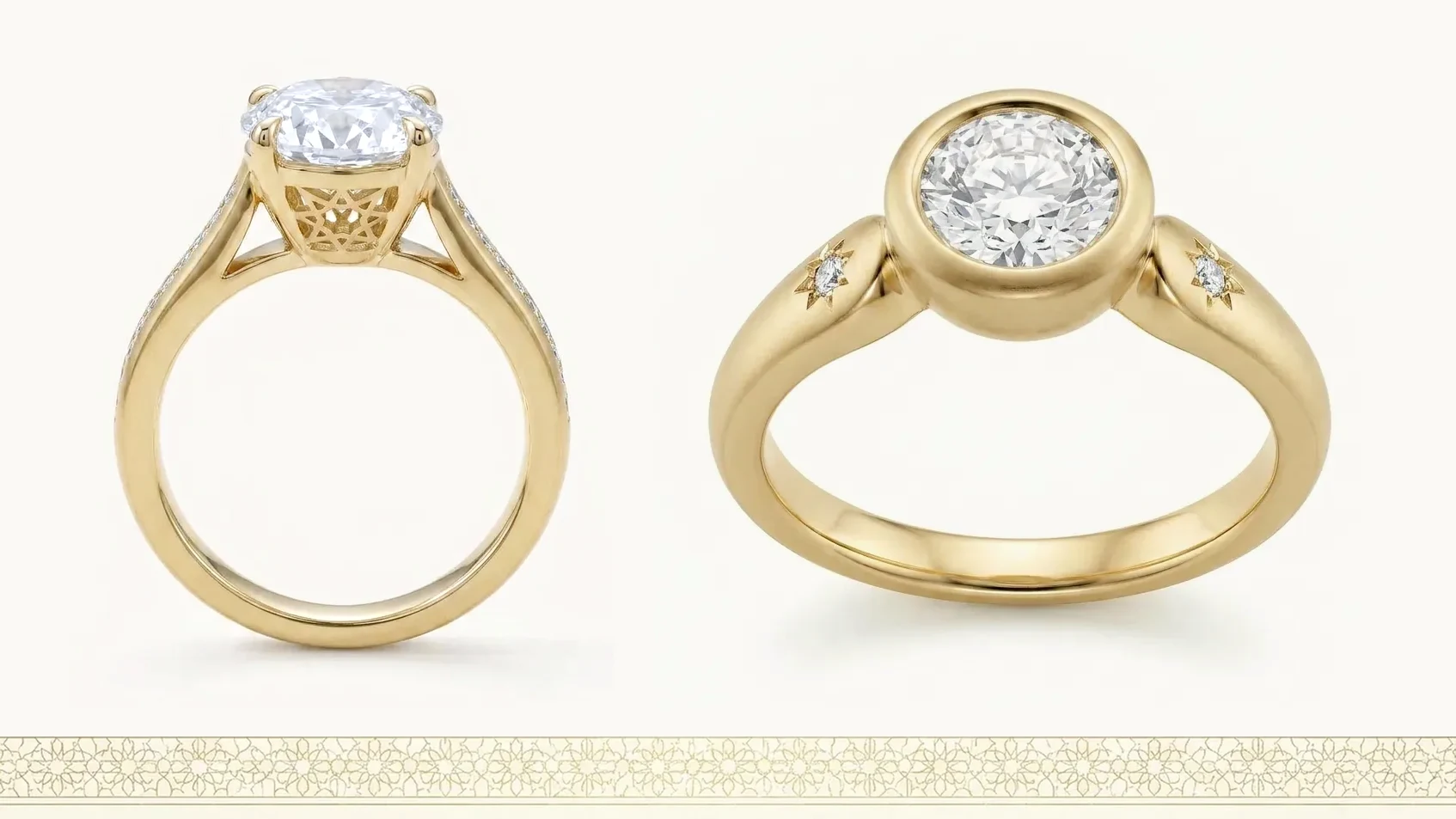 Two gold rings photographed side by side at the same scale, a claw-set solitaire and a rubover solitaire