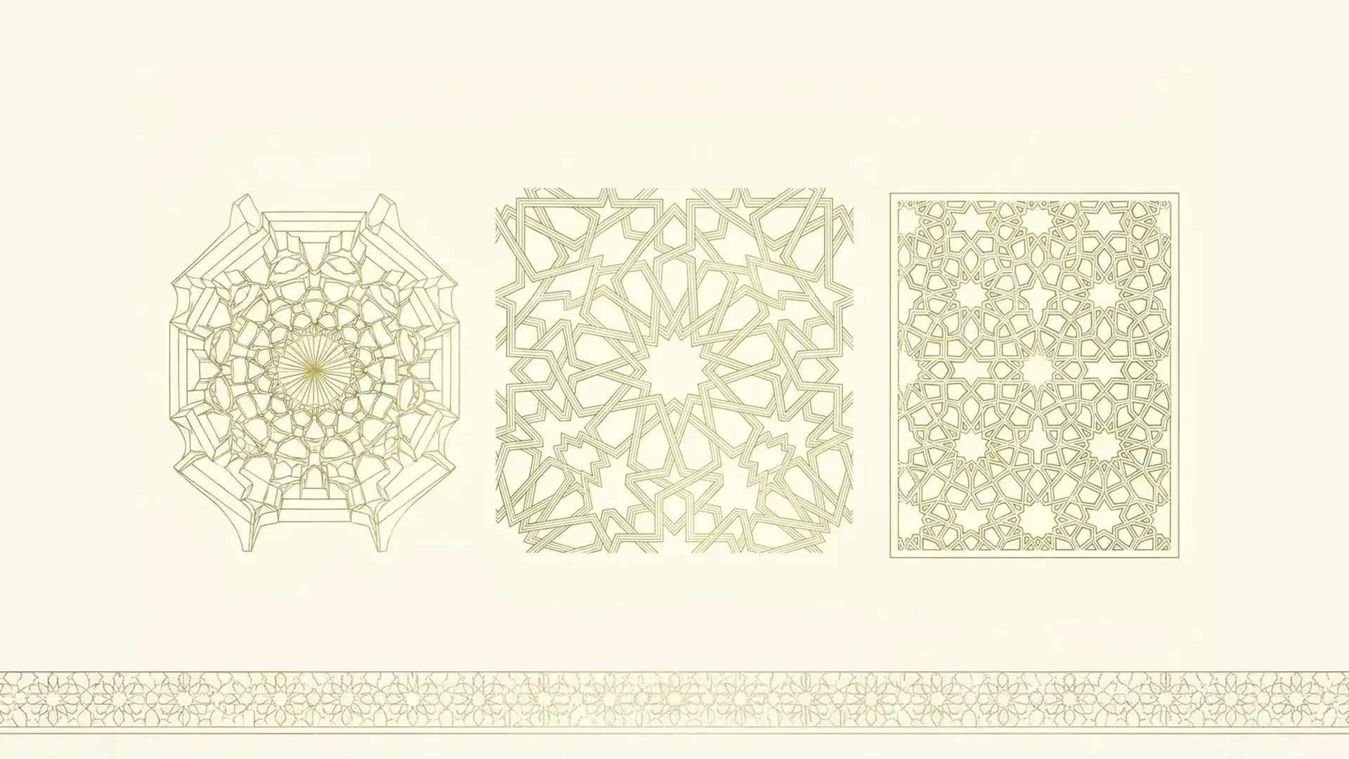 Three Persian architectural forms drawn in fine gold line and shown side by side: a muqarnas vault seen from below, an interlocking girih strapwork panel, and a pierced screen