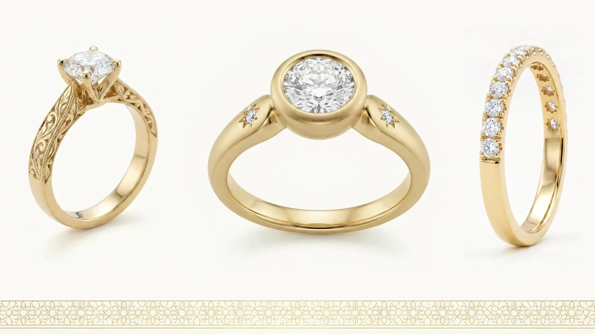 Three gold rings side by side at the same scale: a claw-set solitaire, a rubover solitaire and a pave-set band