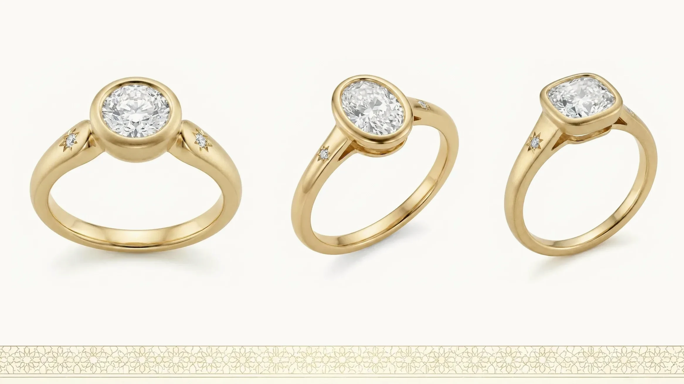 Three gold rings side by side at the same scale, set with a round, an oval and a cushion-cut stone