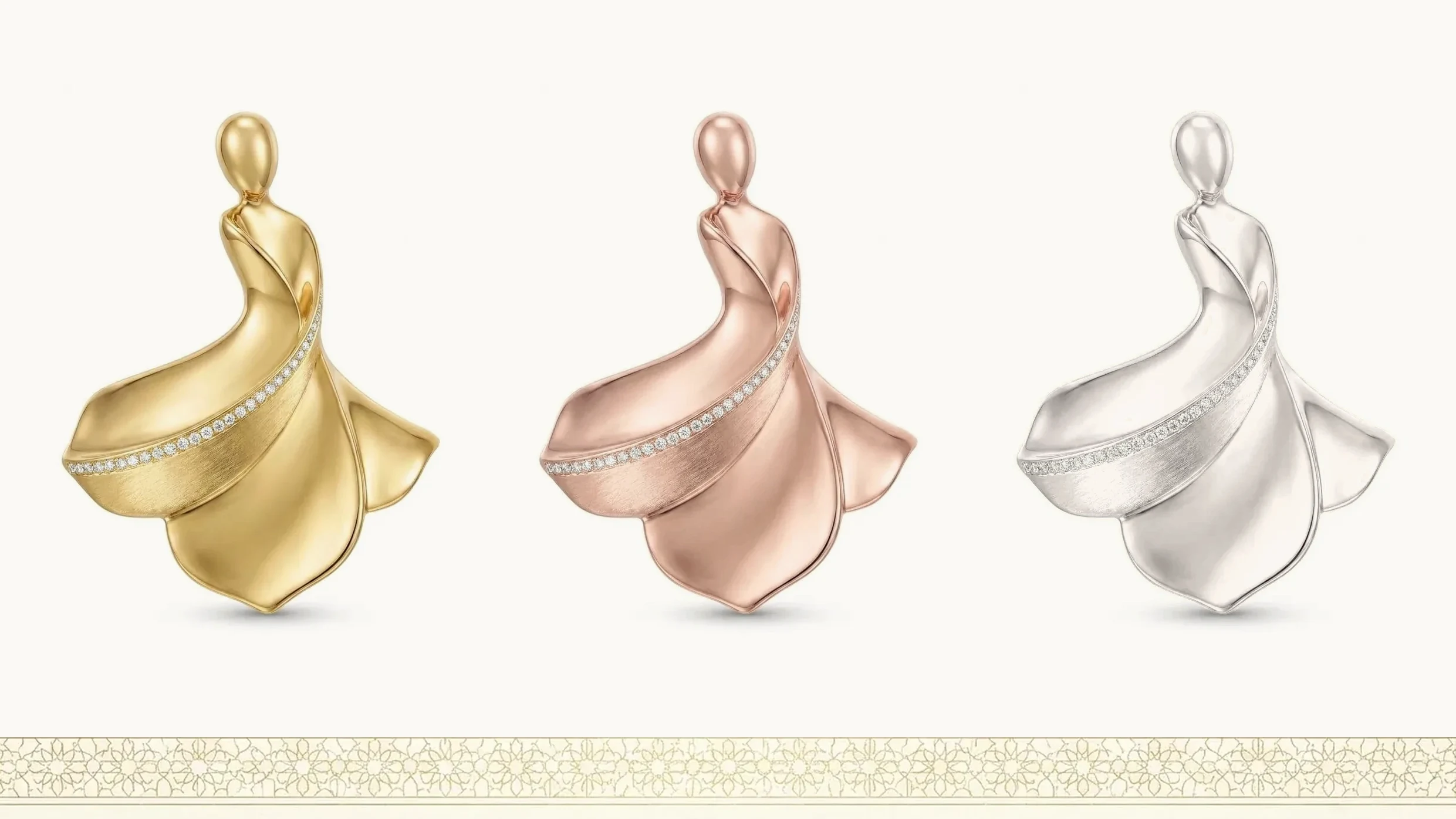 One pendant design shown in yellow gold, rose gold and white gold at the same scale