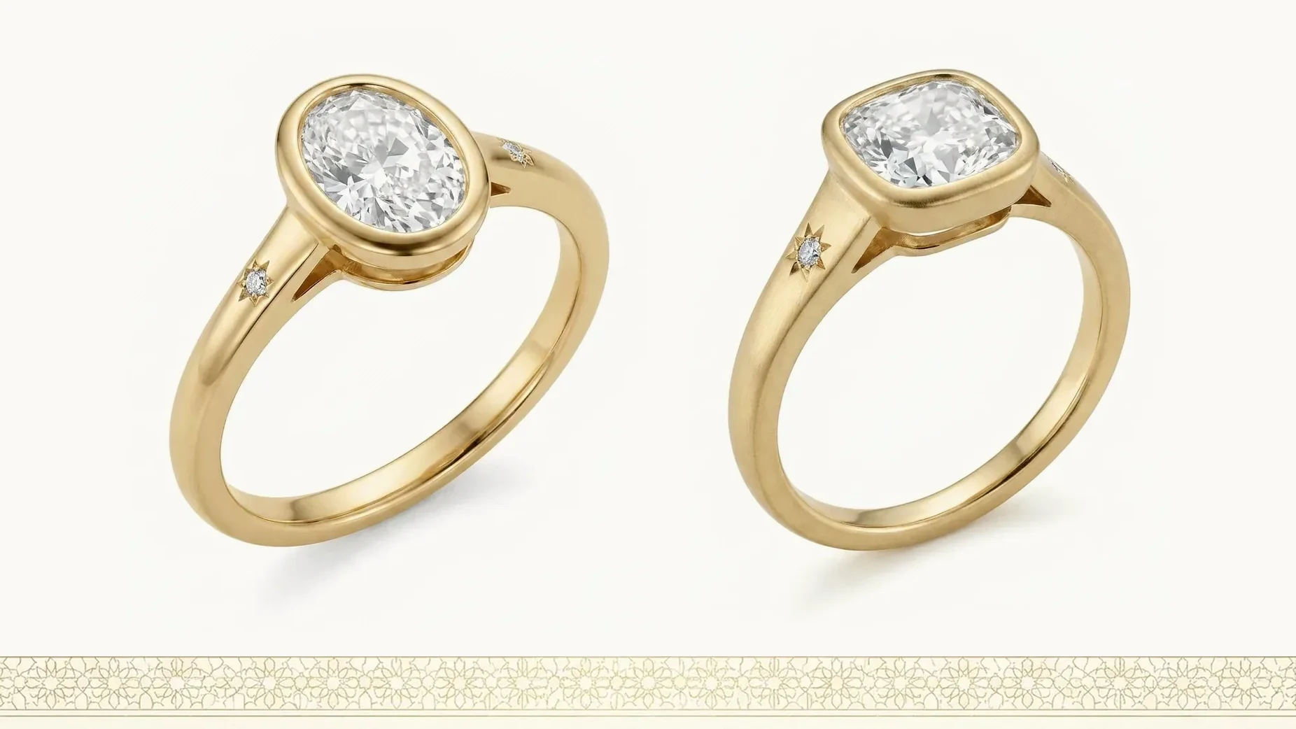 Two gold rings side by side at the same scale, one set with an oval stone and one with a cushion-cut stone