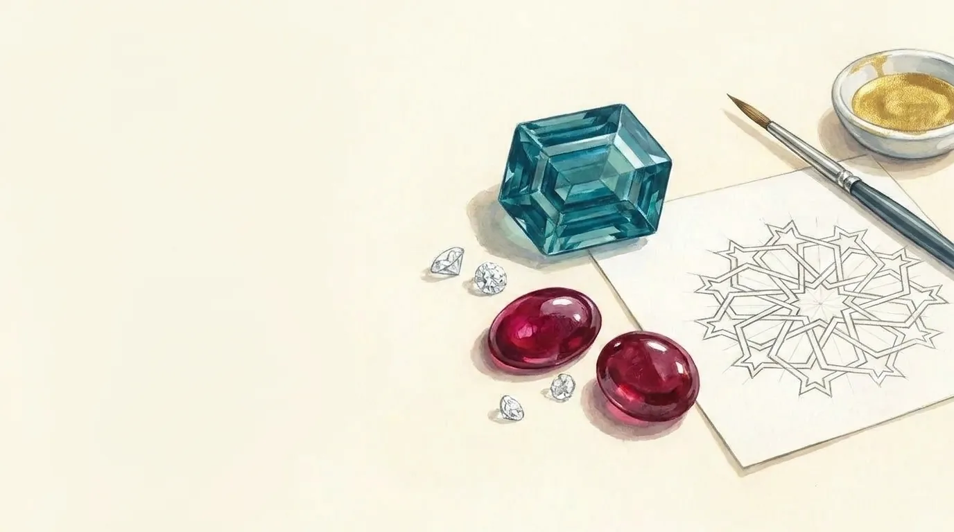 Painted study of loose teal sapphire, ruby cabochons and diamonds beside a girih lattice drawing