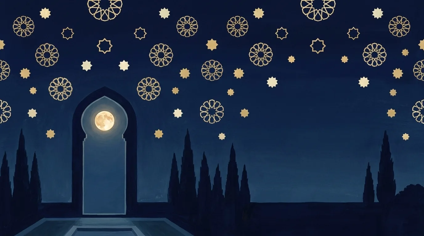 Painted night sky of golden girih stars over a Persian garden archway with a full moon