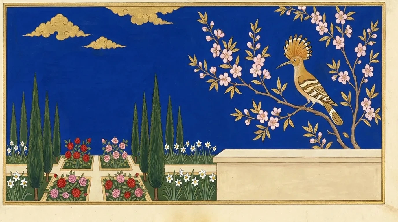 A hand-painted Persian miniature garden in flat gouache, a deep lapis sky with stylised gold clouds, cypress trees and rose beds of a chahar bagh, a blossoming branch carrying a painted hoopoe, and a pale honed stone ledge