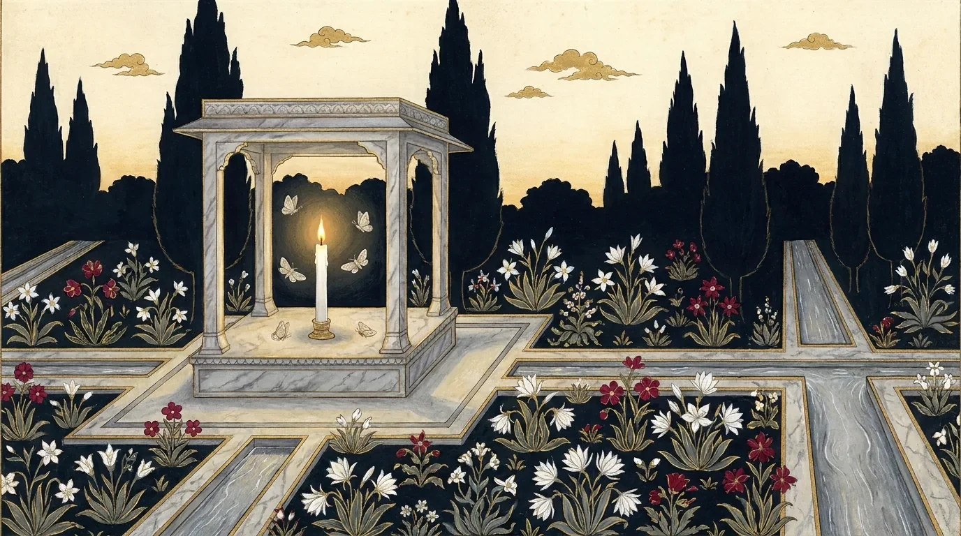 Hand-painted Persian panorama of a dusk garden, a single lit candle in a marble pavilion with pale moths circling, for the Parvaneh collection.