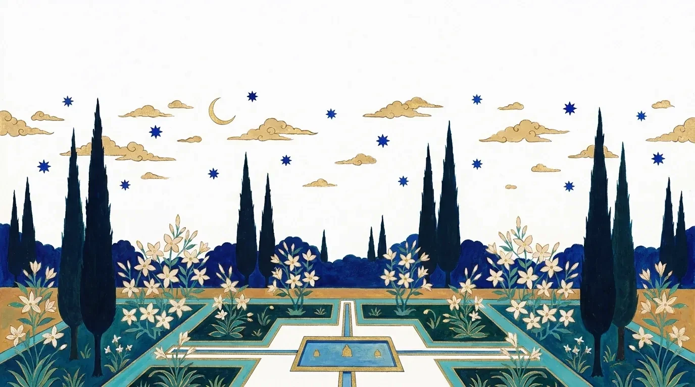 Hand-painted Persian panorama of a garden at dusk, a gold crescent moon and lapis stars over night-blooming jasmine, for the Vasl collection.